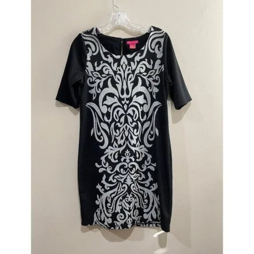 Sunny Leigh Sheath Dress Womens M Black/Ivory Damask Print